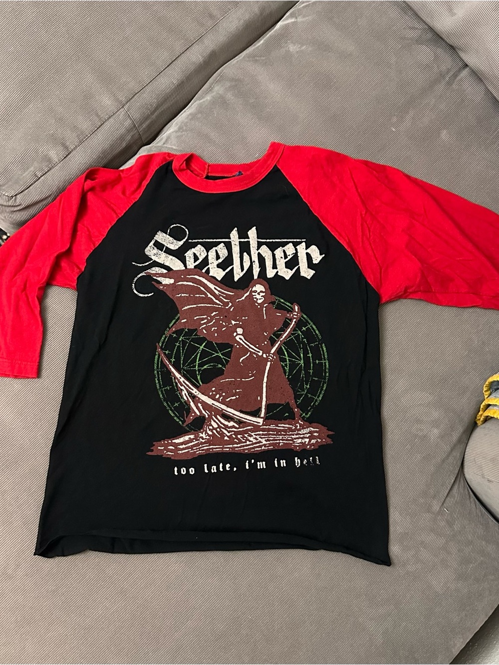Vintage Y2K Seether Raglan Shirt Size Medium ‘Too Late, I’m In Hell’ Grim Reaper